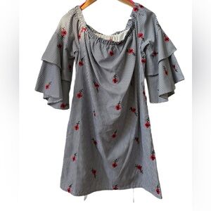Betsey Johnson Red Floral Blue Stripe Off The Shoulder Shift Dress Sz 8 EUC